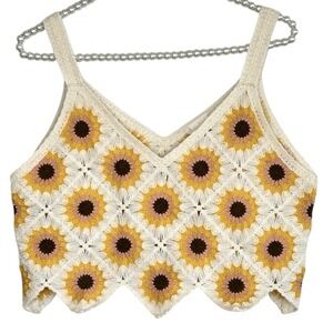 Boho Crochet Sunflower Crop Tank Top Small Festival Granny Square Indie Floral